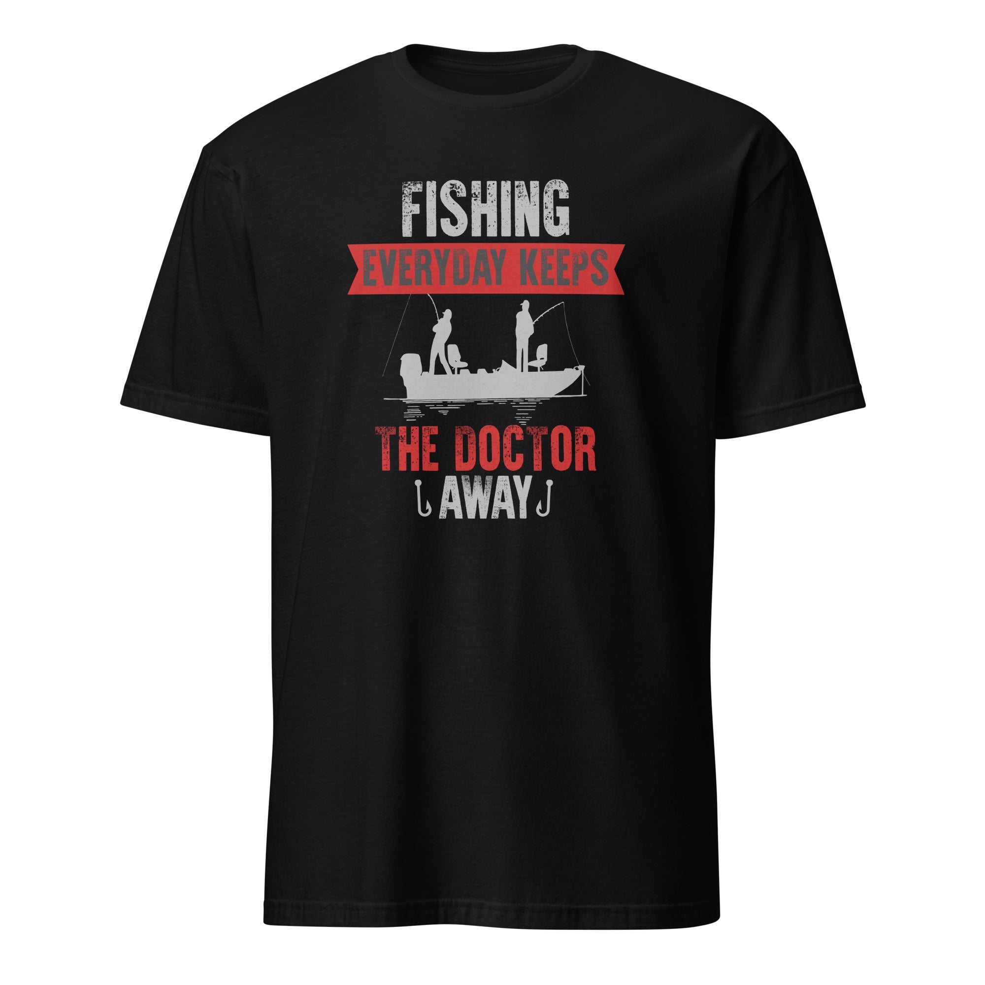 Black t-shirt with fishing graphic and text on a white background