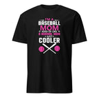 Black t-shirt with pink and white "I'm A Baseball Mom Kind Of Like A Normal Mom Just cooler" text and baseball graphics on a white background