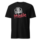 Black t-shirt with a graphic of headphones and a microphone above the word 'Music' on a white background