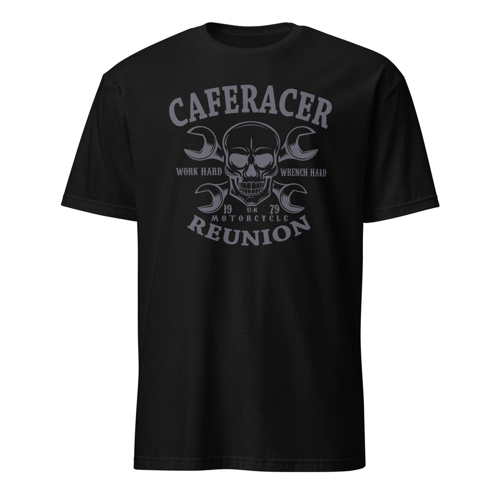 Black t-shirt with skull and wrench design and text on a white background