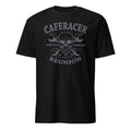 Black t-shirt with skull and wrench design and text on a white background