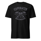 Black t-shirt with skull and wrench design and text on a white background
