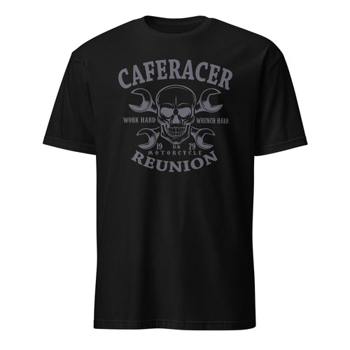 Black t-shirt with skull and wrench design and text on a white background