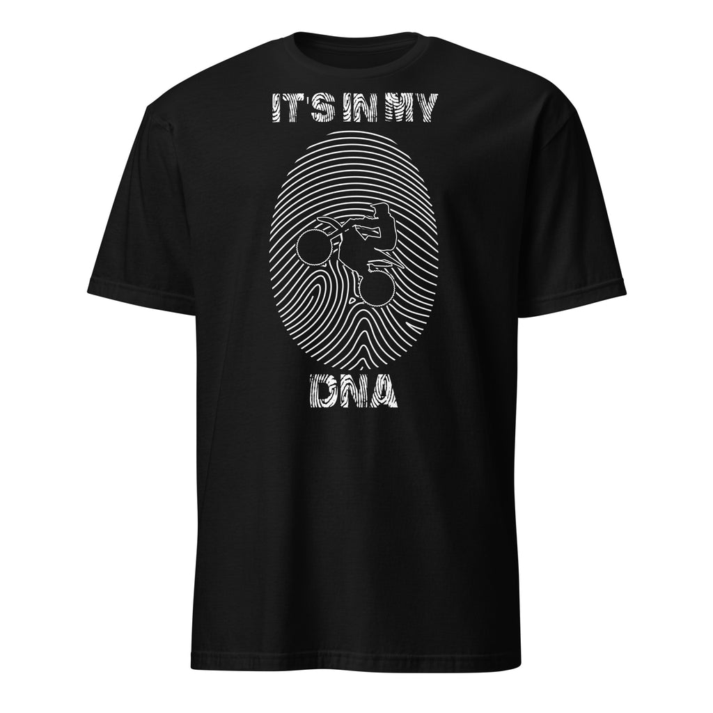 Black t-shirt with white motorcycle rider graphic design and "It's In My DNA" text on a white background