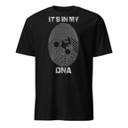 Black t-shirt with white motorcycle rider graphic design and "It's In My DNA" text on a white background