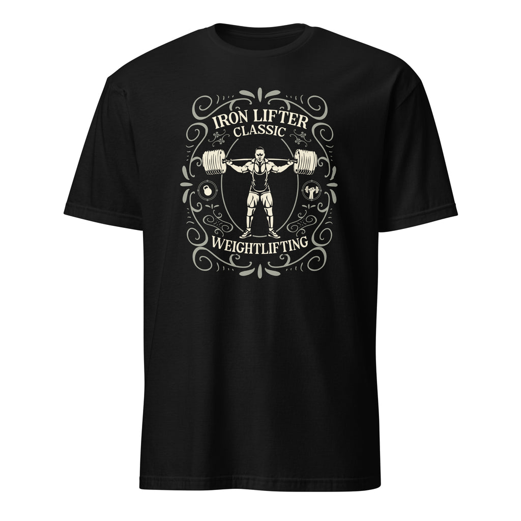 Black t-shirt with weightlifting graphic and text on a white background