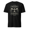 Black t-shirt with weightlifting graphic and text on a white background