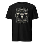 Black t-shirt with weightlifting graphic and text on a white background