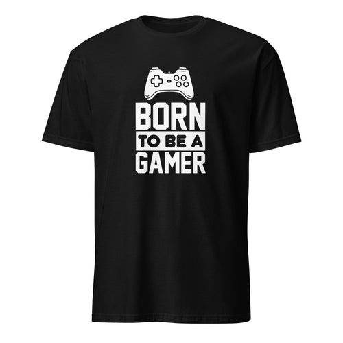 Black t-shirt with 'Born to be a Gamer' text and gaming controller graphic on a white background