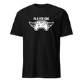 Black t-shirt with a white gaming controller graphic and 'PLAYER ONE' text on a white background