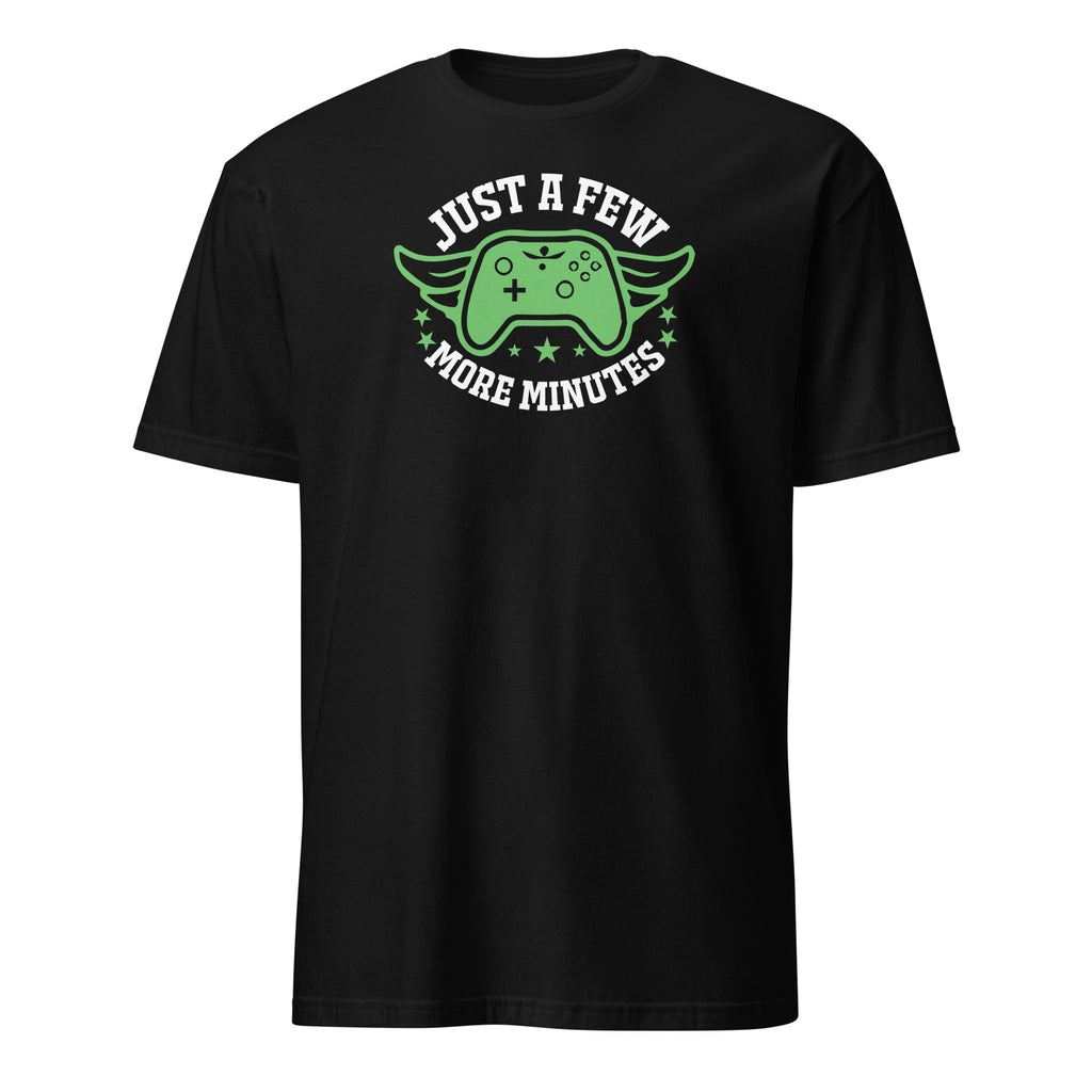 Black t-shirt with green gaming controller graphic and "Just A Few More Minutes" text on a white background