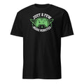 Black t-shirt with green gaming controller graphic and "Just A Few More Minutes" text on a white background