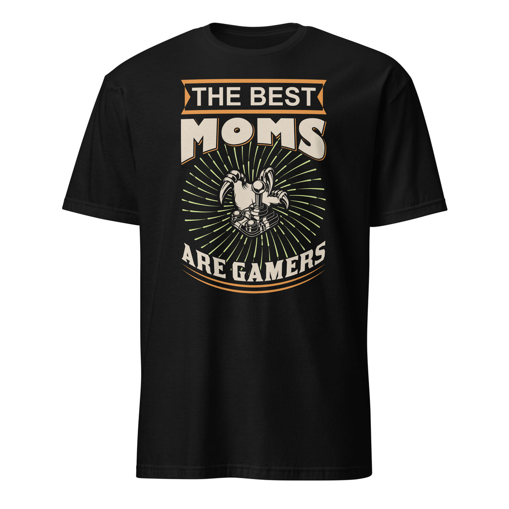 Black t-shirt with 'The Best Moms Are Gamers' text and graphic on a white background