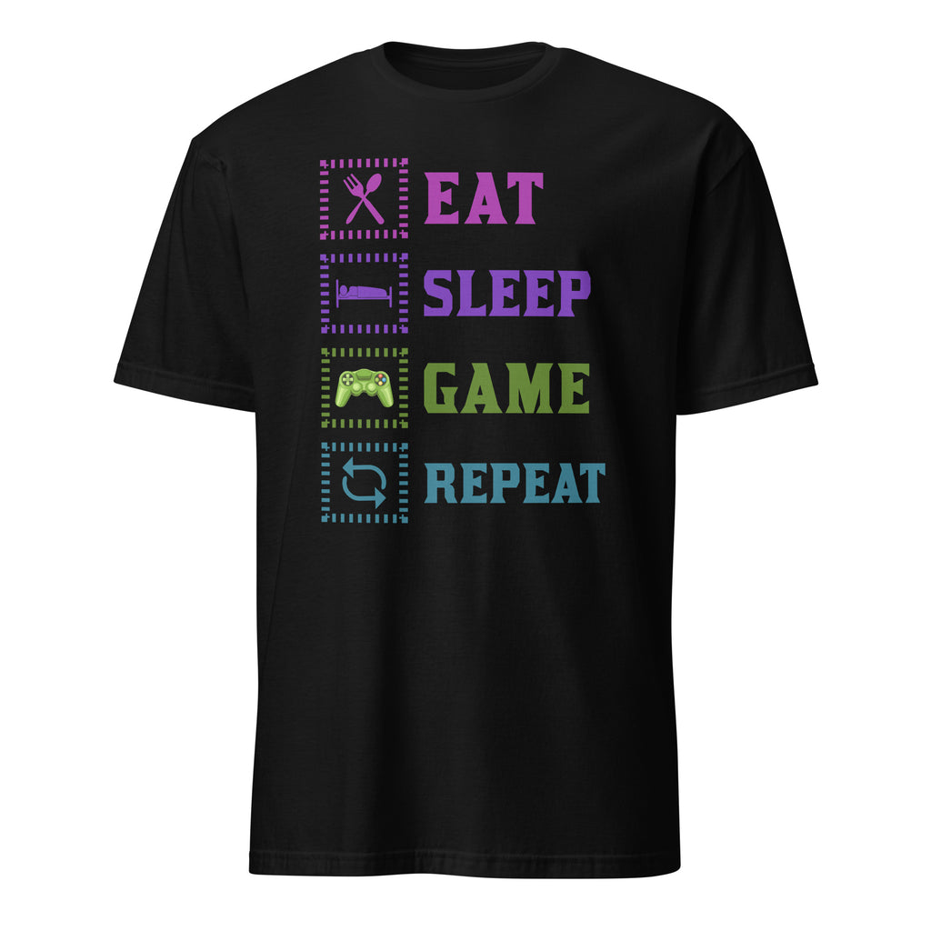 Black t-shirt with colorful text 'EAT SLEEP GAME REPEAT' on a white background