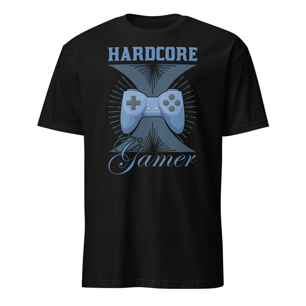 Black t-shirt with blue gaming controller graphic and 'Hardcore Gamer' text on a white background