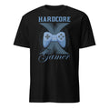Black t-shirt with blue gaming controller graphic and 'Hardcore Gamer' text on a white background