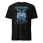 Black t-shirt with blue gaming controller graphic and 'Hardcore Gamer' text on a white background