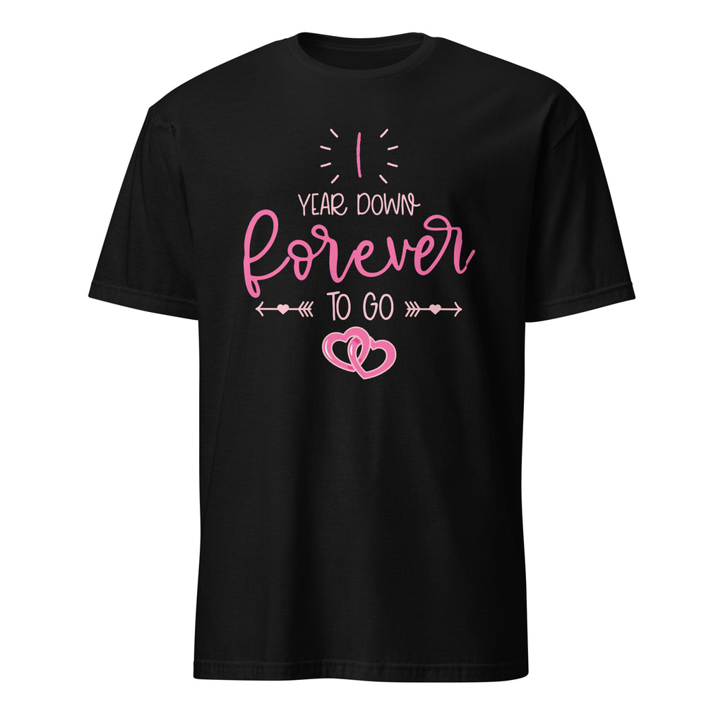 Black t-shirt with pink I Year Down Forevery To Go text and interlocking heart graphics on a white background