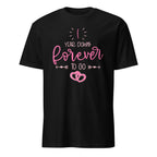 Black t-shirt with pink I Year Down Forevery To Go text and interlocking heart graphics on a white background
