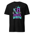 Black t-shirt with a colorful design and "21 Years Ago A Diva Was Born" text on a white background