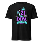 Black t-shirt with a colorful design and "21 Years Ago A Diva Was Born" text on a white background