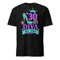 Black t-shirt with colorful "30 Years Ago A Diva Was Born" text and graphics on a white background