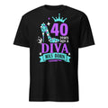 Black t-shirt with colorful "40 Years Ago A Diva Was Born" text and graphics on a white background