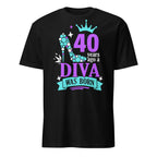 Black t-shirt with colorful "40 Years Ago A Diva Was Born" text and graphics on a white background