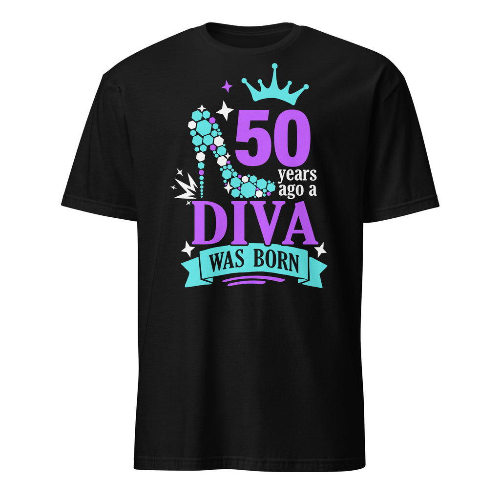 Black t-shirt with '50 years ago a diva was born' design on a white background