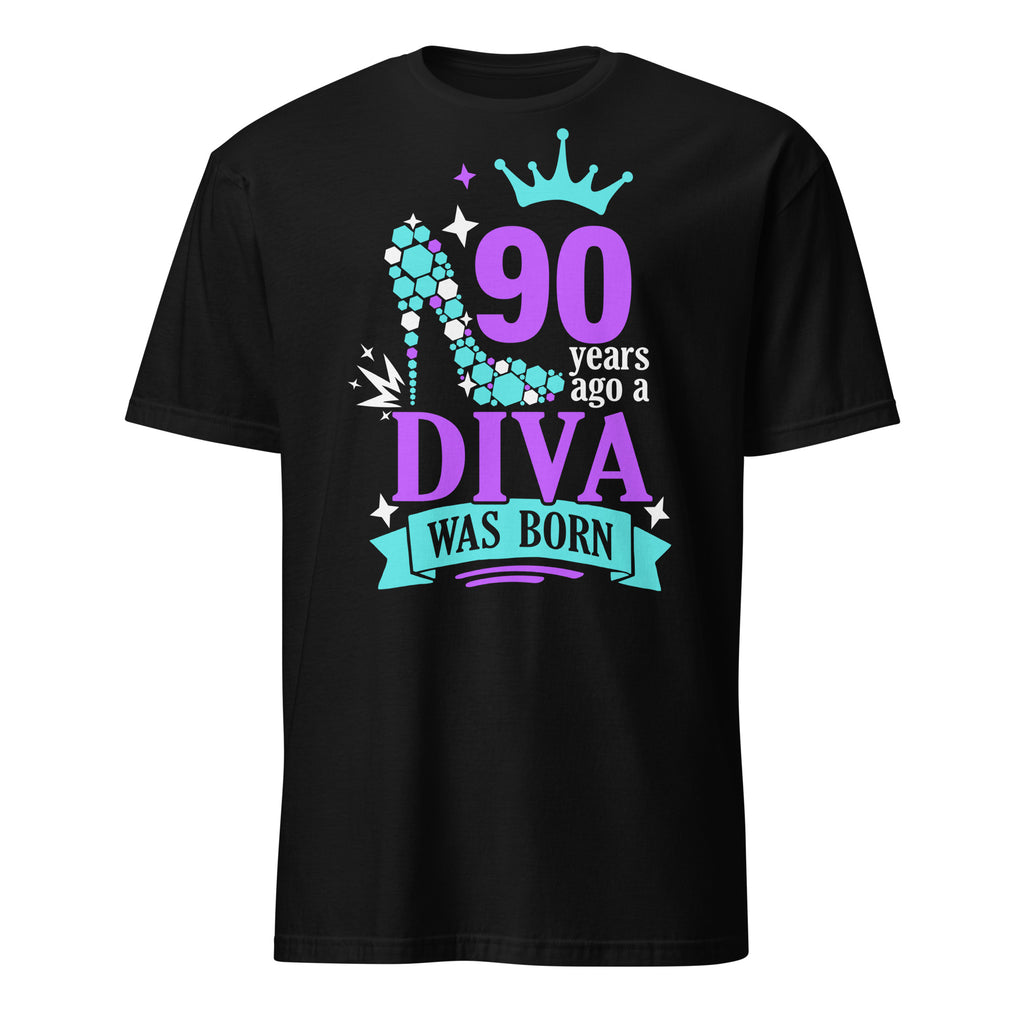 Black t-shirt with colorful "90 Years Ago a Diva Was Born" text and graphics on a white background