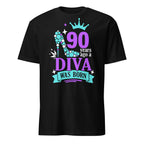 Black t-shirt with colorful "90 Years Ago a Diva Was Born" text and graphics on a white background