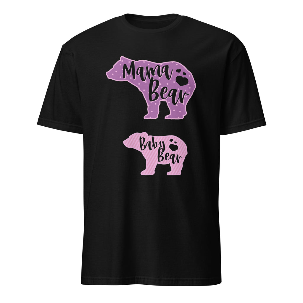 Black t-shirt with 'Mama Bear' and 'Baby Bear' graphics in purple and pink on a white background