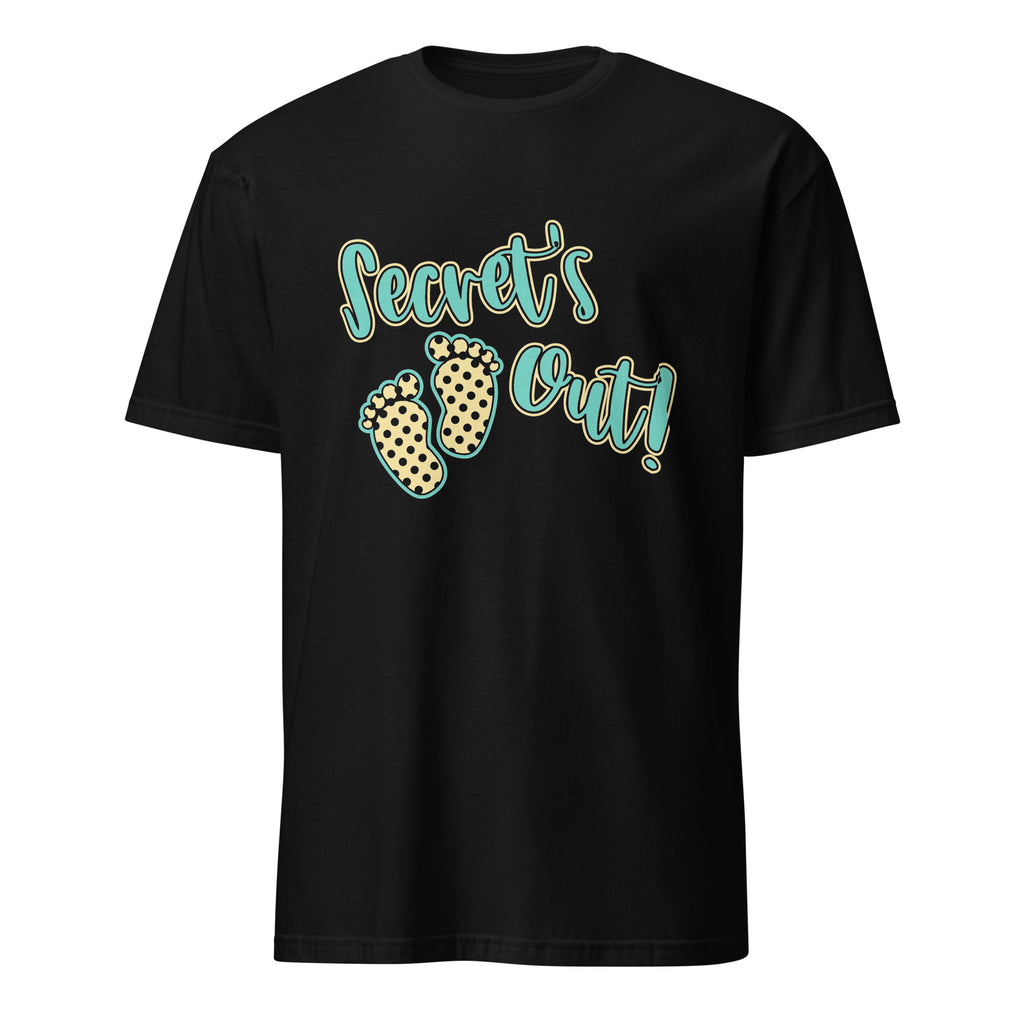Black t-shirt with 'Secret's Out!' text and footprints on a white background