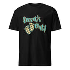 Black t-shirt with 'Secret's Out!' text and footprints on a white background