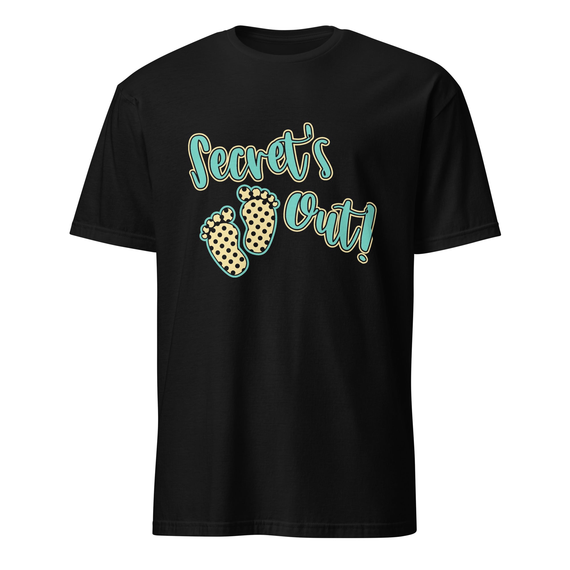 Black t-shirt with 'Secret's Out!' text and footprints on a white background