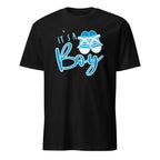 Black t-shirt with 'It's a Boy' text and baby shoes graphic on a white background