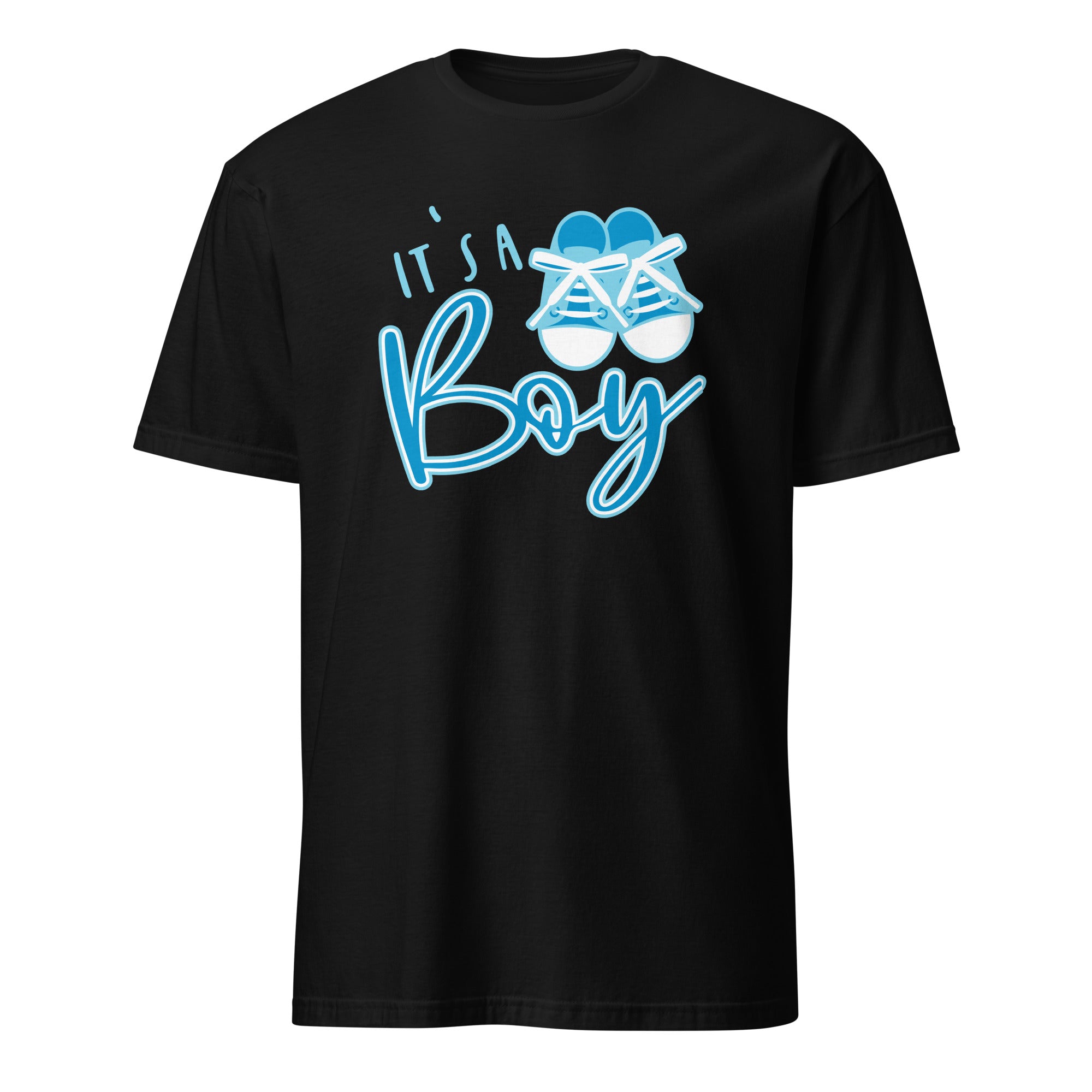 Black t-shirt with 'It's a Boy' text and baby shoes graphic on a white background