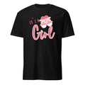 Black graphic t-shirt with "It's a Girl!" design in pink and celebratory lettering, perfect for gender reveal parties, baby showers, and welcoming a new baby girl.