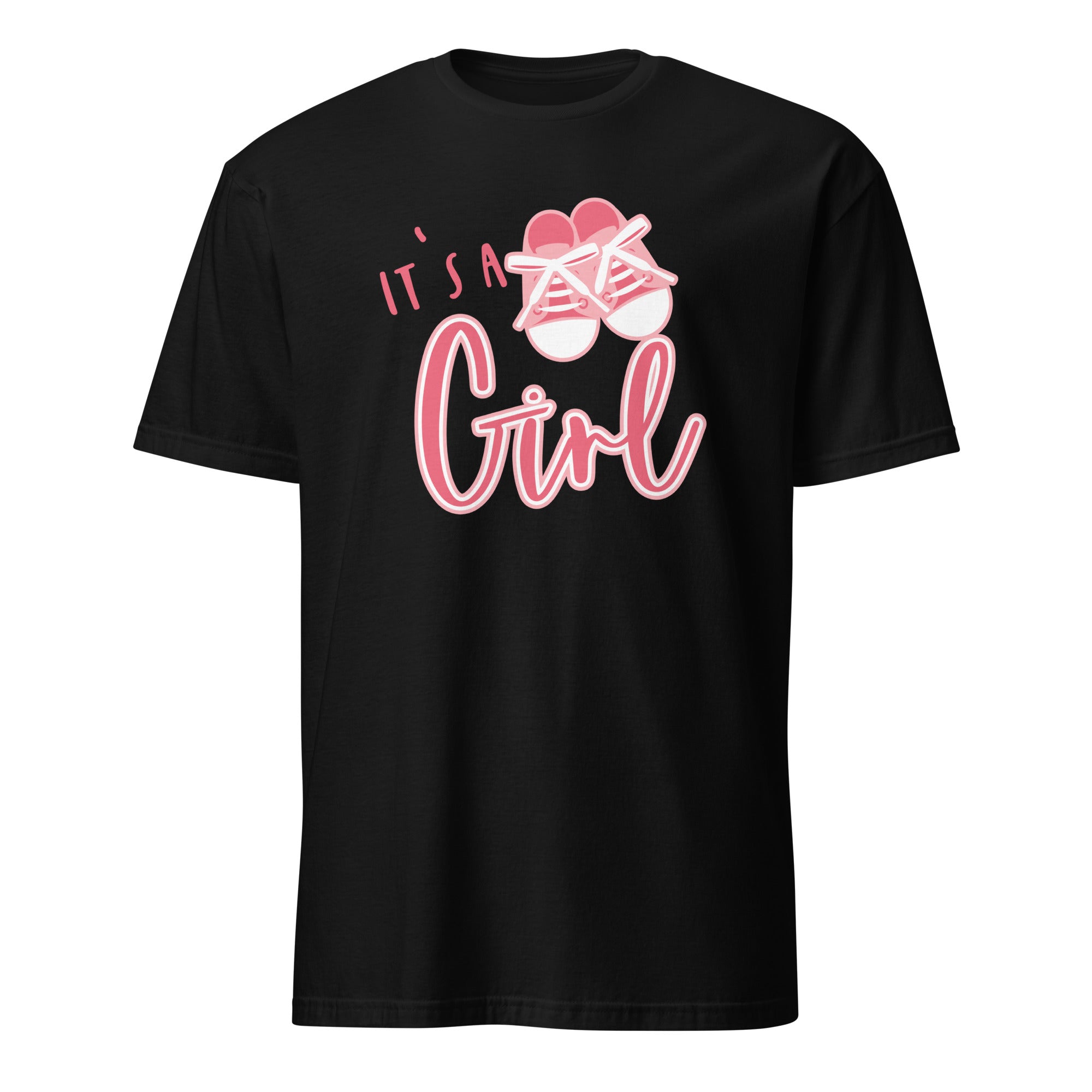 Black graphic t-shirt with "It's a Girl!" design in pink and celebratory lettering, perfect for gender reveal parties, baby showers, and welcoming a new baby girl.