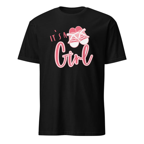 Black graphic t-shirt with "It's a Girl!" design in pink and celebratory lettering, perfect for gender reveal parties, baby showers, and welcoming a new baby girl.