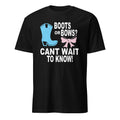 Black t-shirt with Boots or Bows Can't Wait to Know baby gender reveal graphic t-shirt displayed flat on a white background, featuring bold boots and bows design for pregnancy announcement
