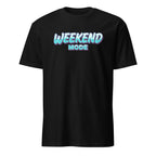 Black t-shirt with 'Weekend Mode' logo on a white background
