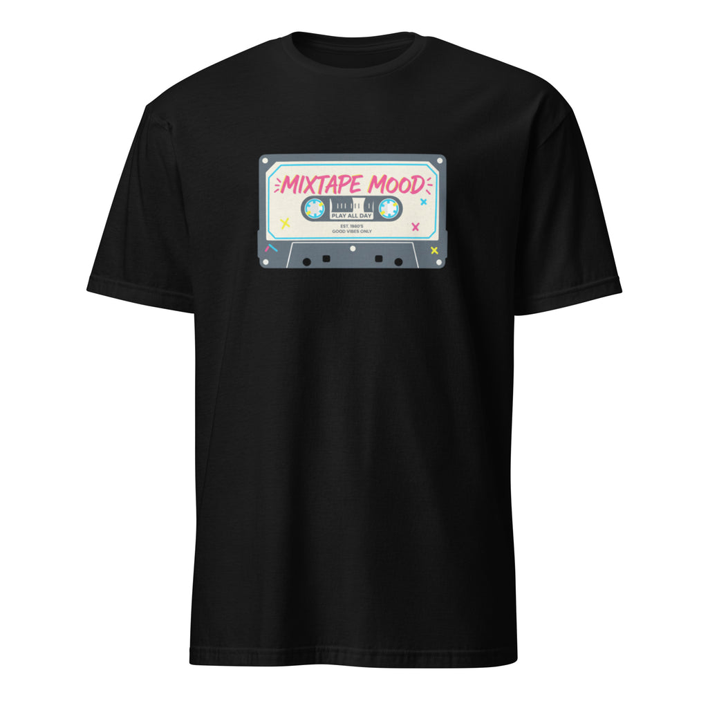 Black t-shirt with a colorful cassette tape graphic and 'Mixtape Mood' text on a white background