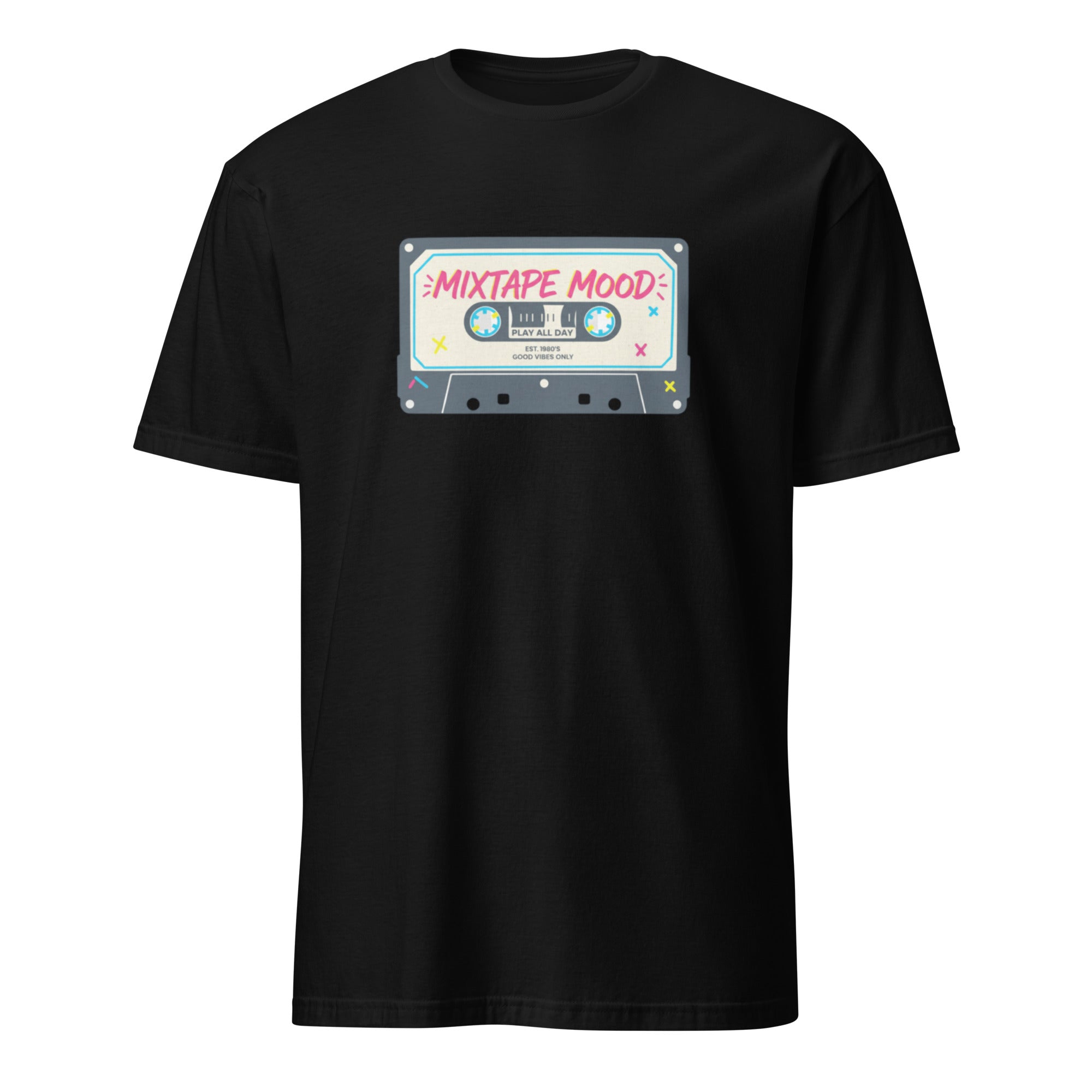 Black t-shirt with a colorful cassette tape graphic and 'Mixtape Mood' text on a white background