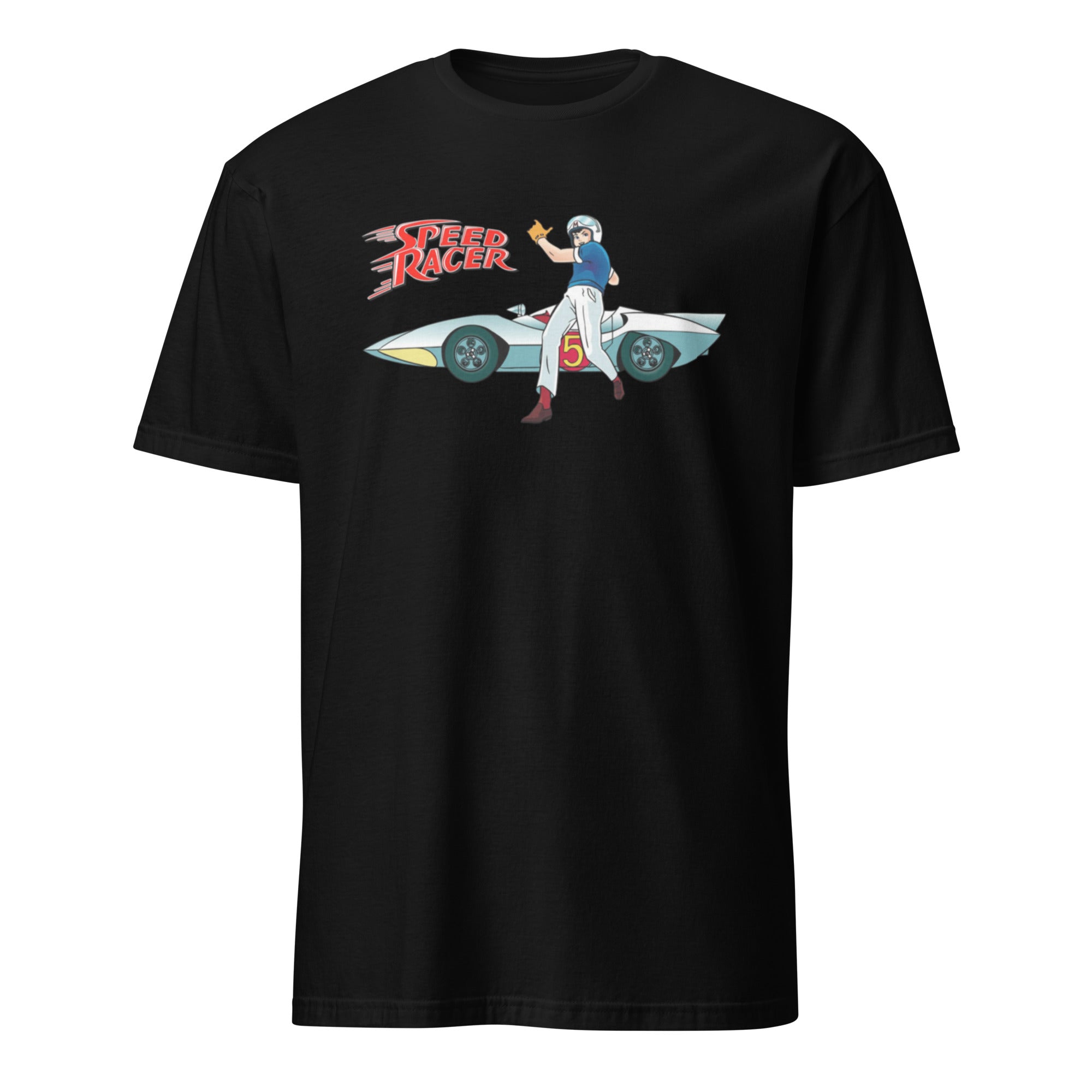 Black t-shirt with 'Speed Racer' graphic design on a white background