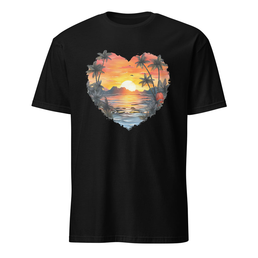 Black t-shirt with a heart-shaped beach sunset design on a white background