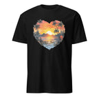 Black t-shirt with a heart-shaped beach sunset design on a white background