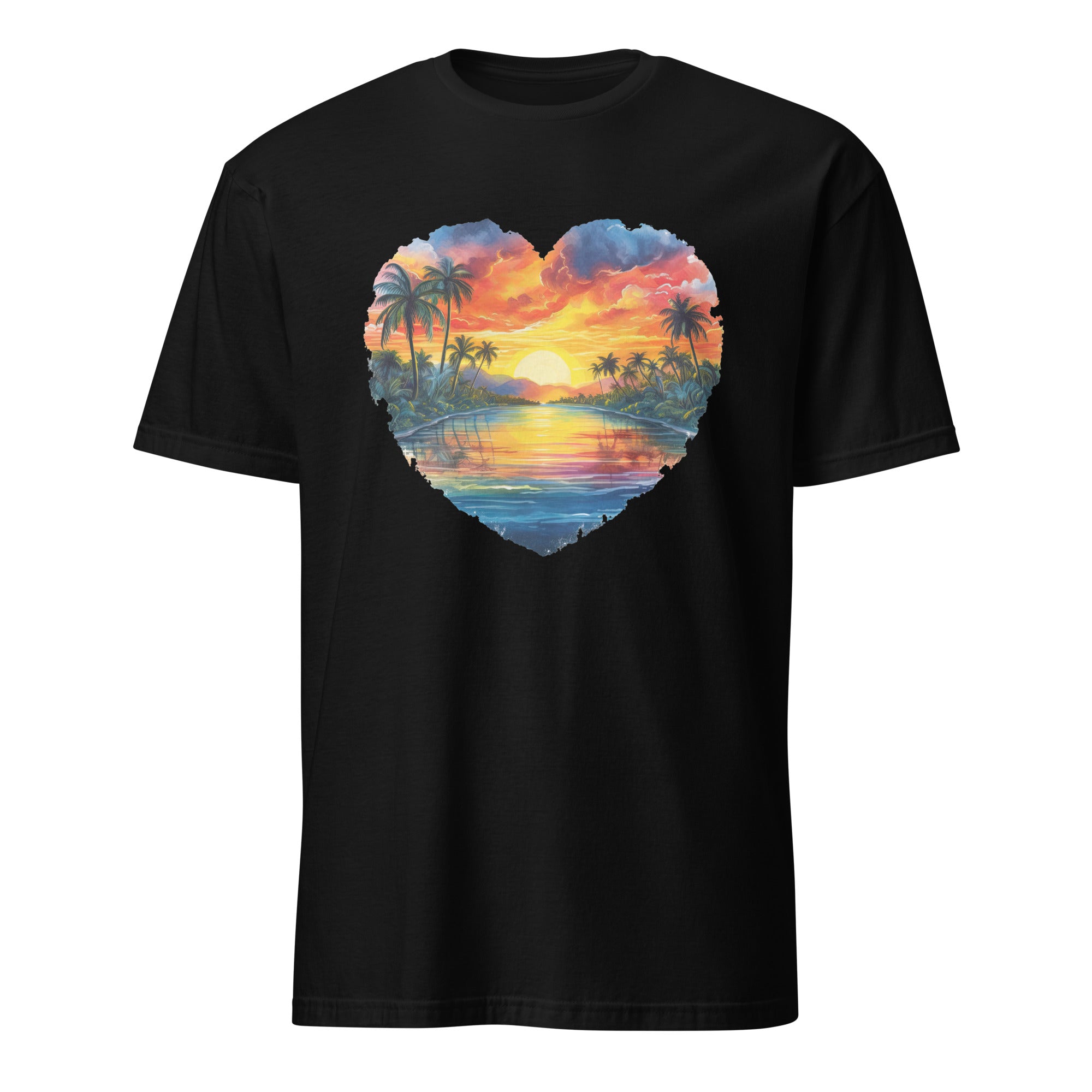 Black t-shirt with a heart-shaped sunset and palm tree design on a white background