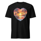 Black t-shirt with a heart-shaped tropical sunset design on a white background