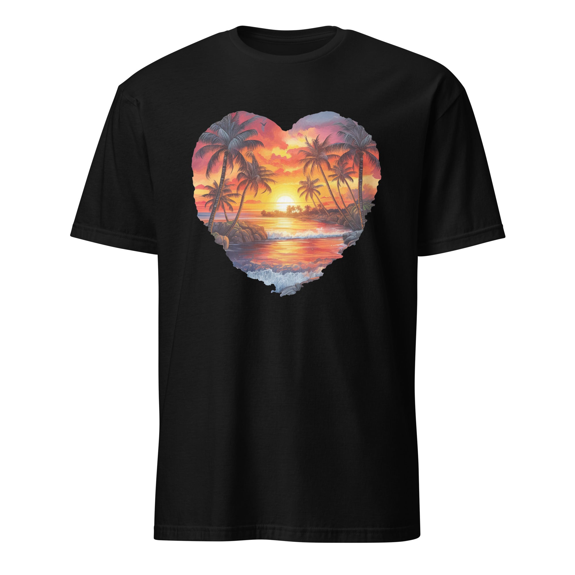 Black t-shirt with a heart-shaped tropical sunset design on a white background